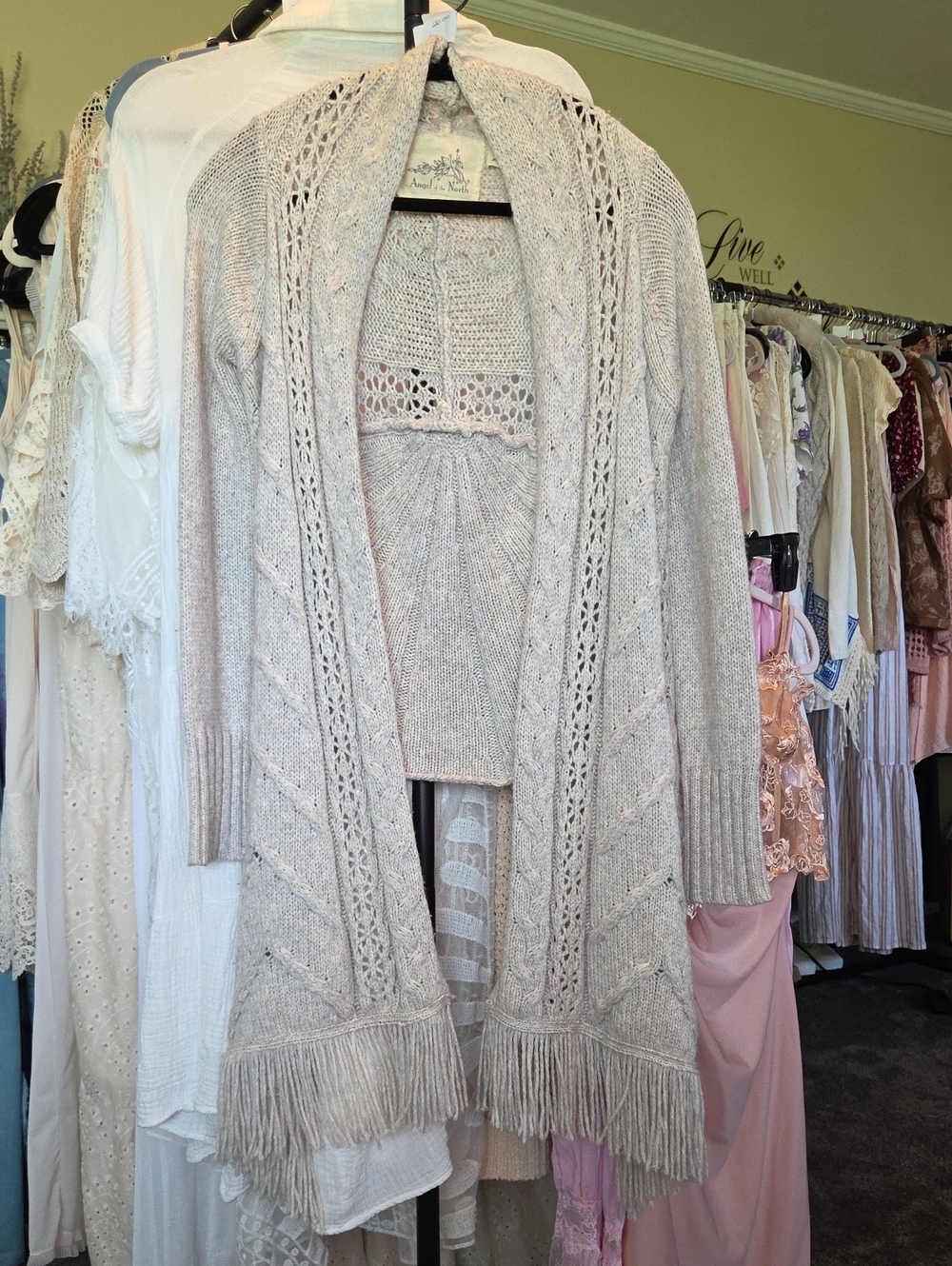 Angel Of The North Light Beige Open-Front Fringe Knit Cardigan